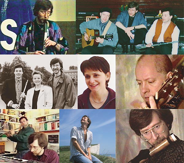Tears of the Moon Photo Gallery: Clive Williamson with windsynth; Richard Bolton, Clive and John Hackett at Cecil Sharp House; John & Clive with violinist Nicki Paxman; Sarah Devonald; Richard with guitar; John & Clive; bassist Rupert Flindt; Clive with Indian flute.